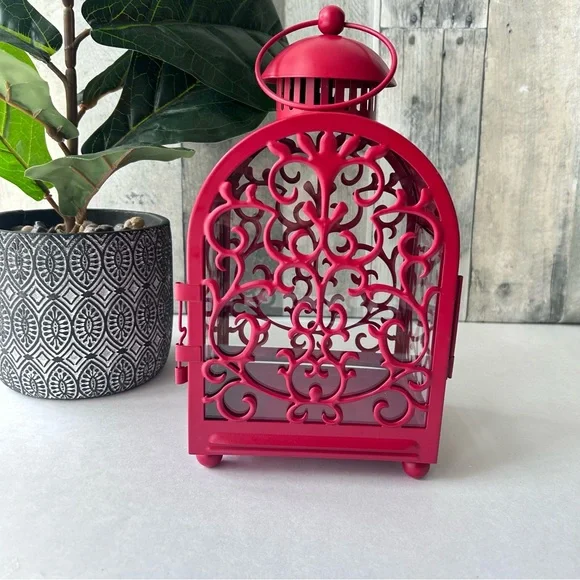 π΄IKEA Gottgora Vintage Red Scroll Decorative Metal Lantern - Picture 2 of 12